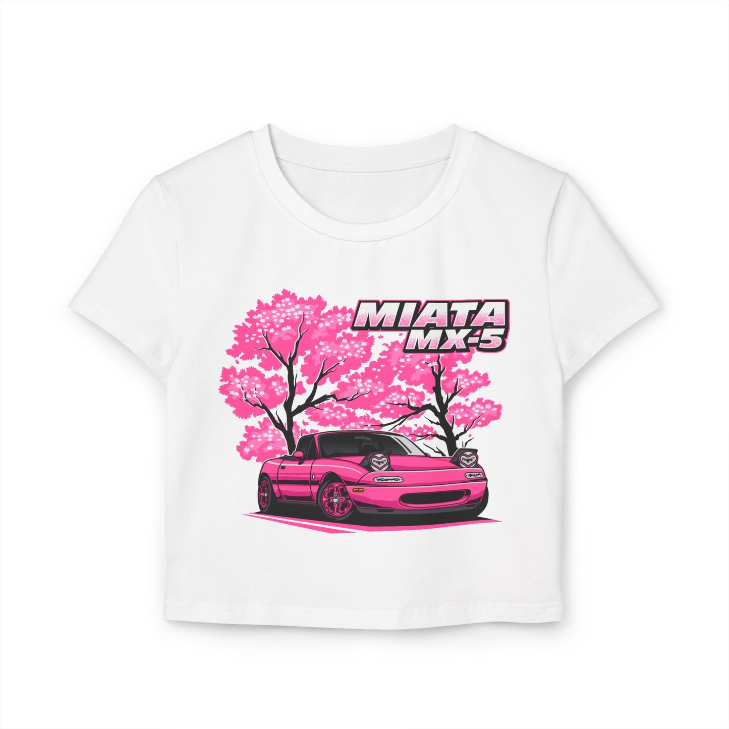 Women's Miata MX-5 Baby Tee | Pink Cherry Blossom Design | Car Enthusiast Shirt - CreativeRino
