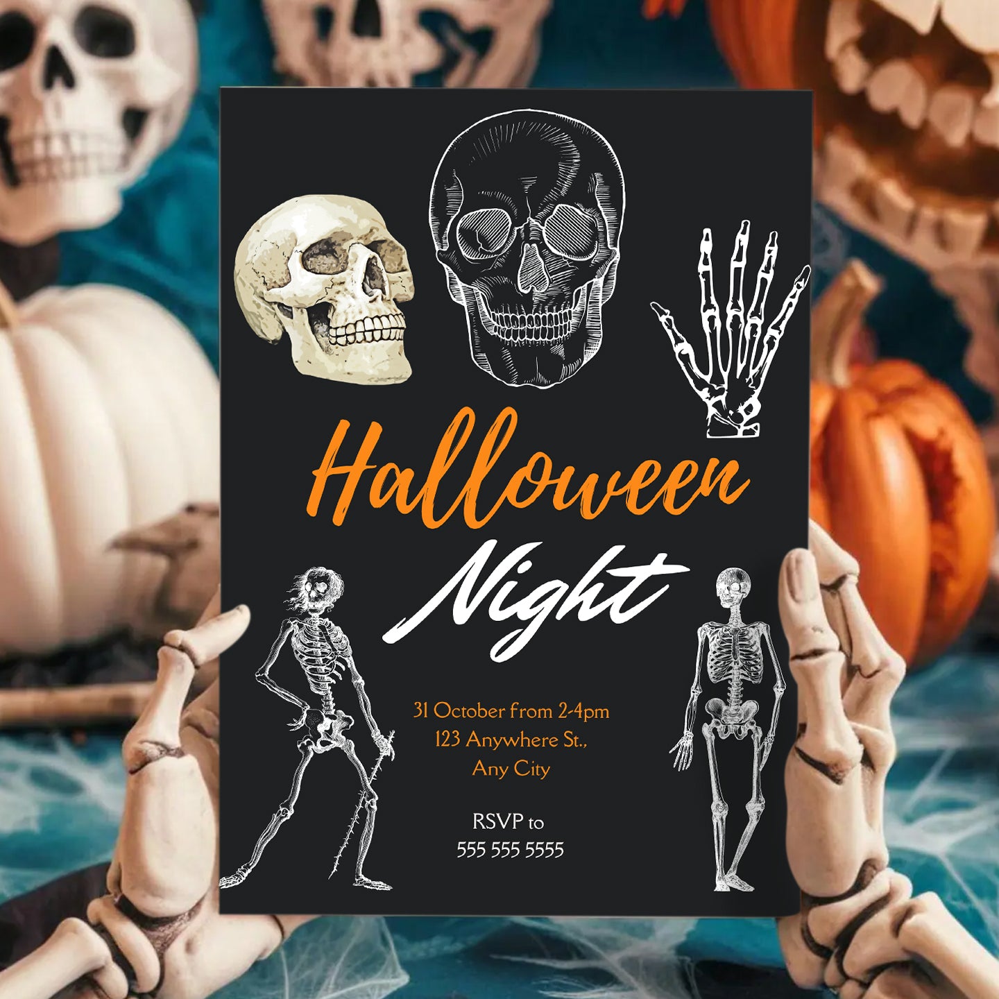 Adult Skull Halloween Night Invitation Template | Skeleton Invite