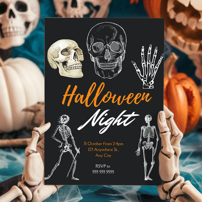 Adult Skull Halloween Night Invitation Template | Skeleton Invite - CreativeRino