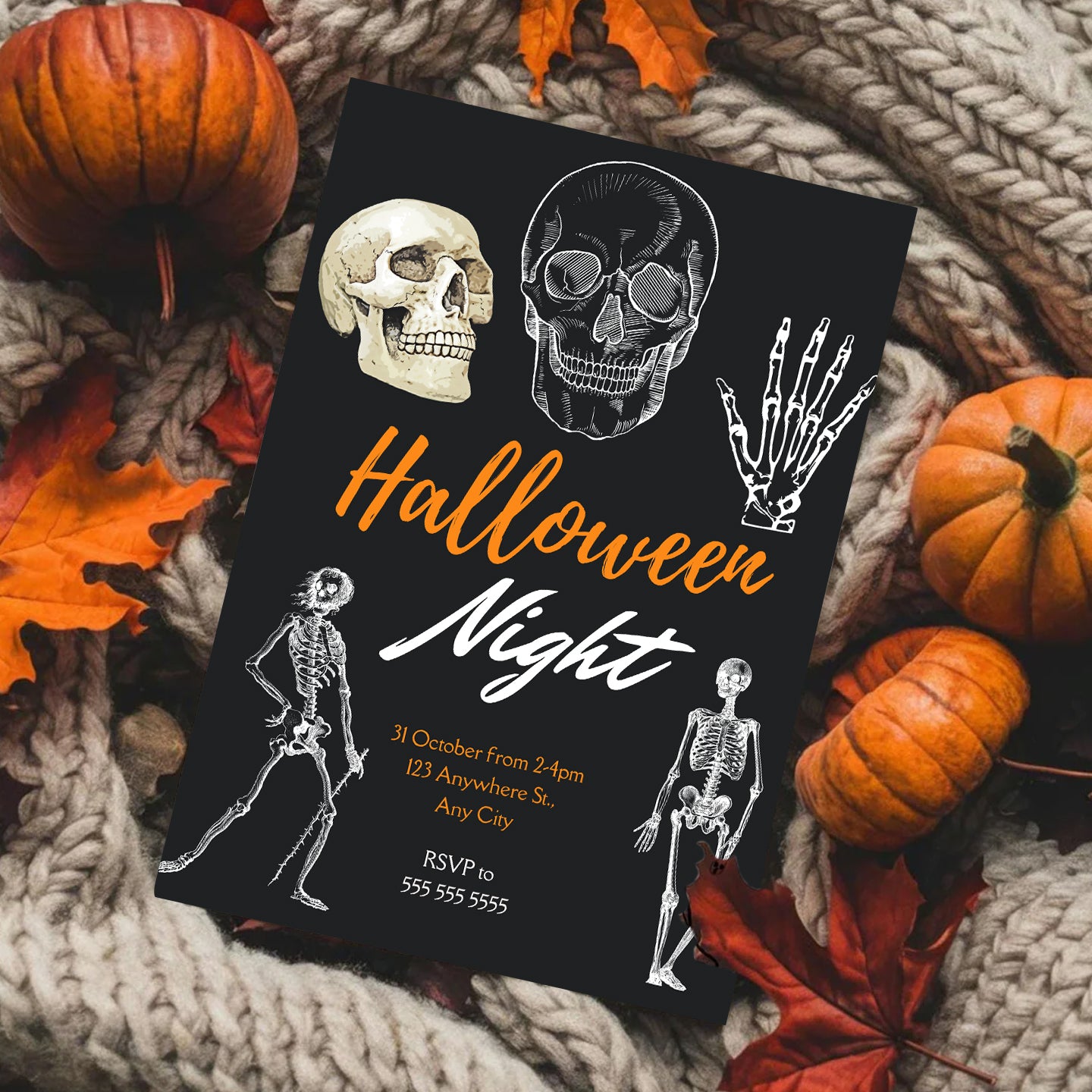 Adult Skull Halloween Night Invitation Template | Skeleton Invite