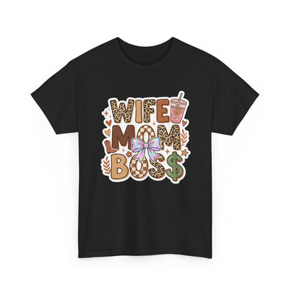 Wife Mom Boss Leopard Graphic Tee – Cute Mom Life Shirt with Bow & Coffee Printify