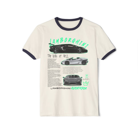 Lamborghini Aventador Ringer T-Shirt - King of Hell Graphic Tee for Car Enthusiasts - CreativeRino