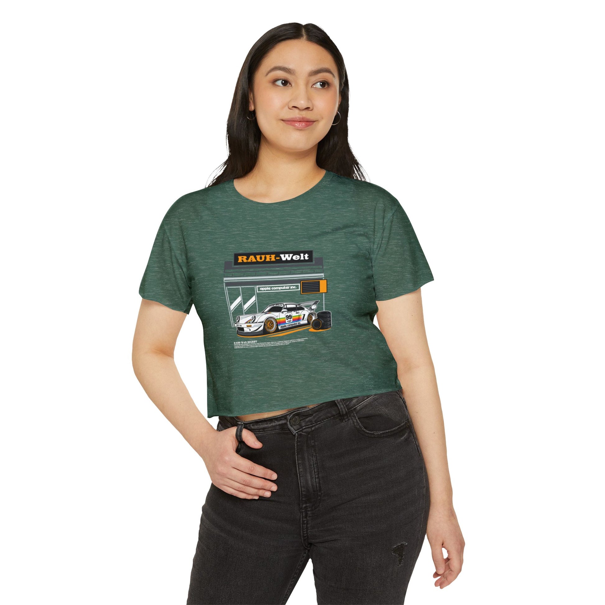 Rauh-Welt Women's Festival Crop Top - Stylish Orange Graphic T-shirt for Car Enthusiasts - CreativeRino