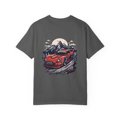 Adventure Awaits Unisex Garment-Dyed T-shirt - Red Sports Car Design - CreativeRino