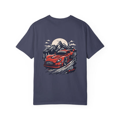 Adventure Awaits Unisex Garment-Dyed T-shirt - Red Sports Car Design - CreativeRino