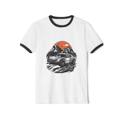 Vintage Car Adventure Unisex Cotton Ringer T-Shirt - Retro Mountain Graphic Tee - CreativeRino