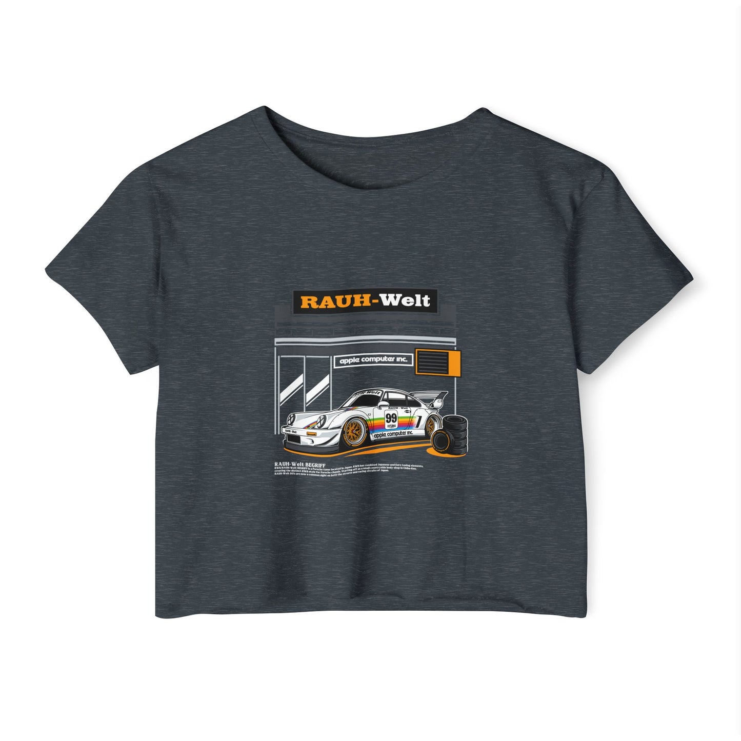 Rauh-Welt Women's Festival Crop Top - Stylish Orange Graphic T-shirt for Car Enthusiasts - CreativeRino