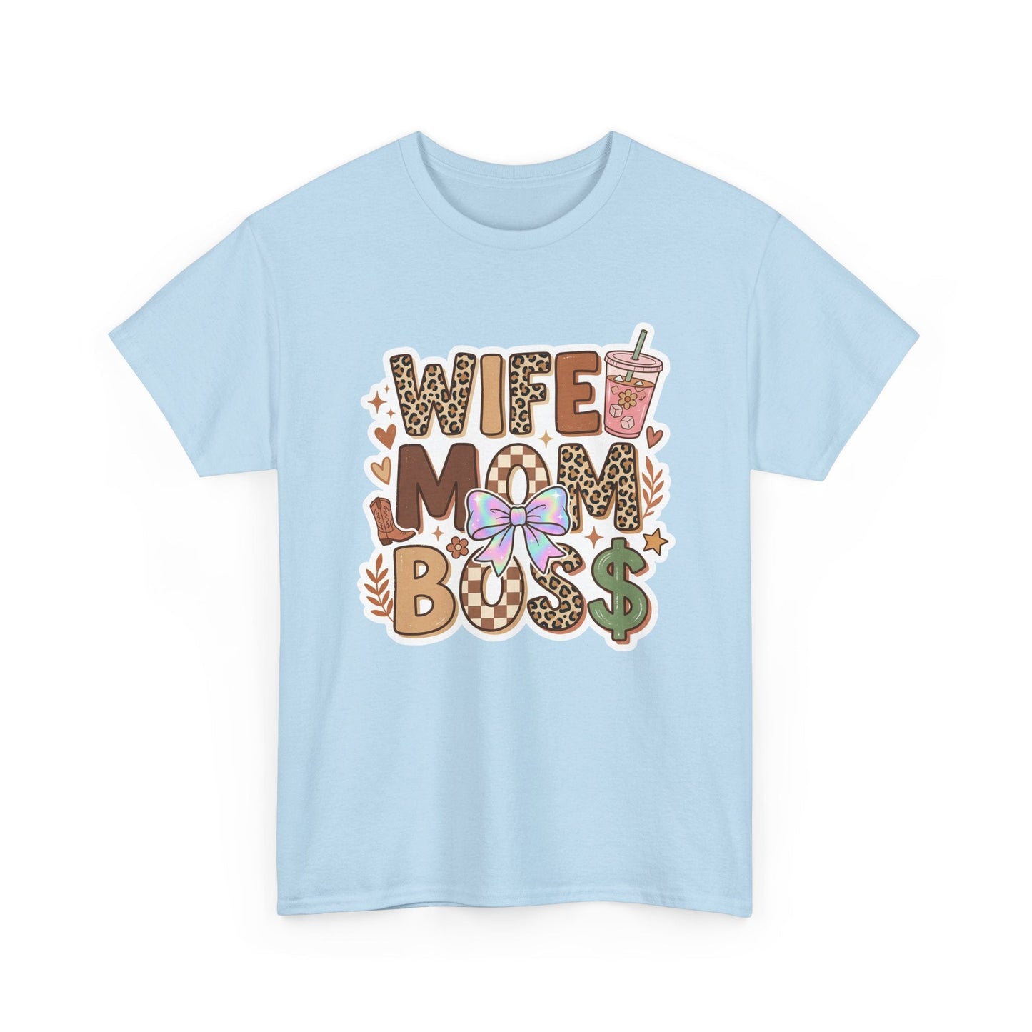 Wife Mom Boss Leopard Graphic Tee – Cute Mom Life Shirt with Bow & Coffee Printify