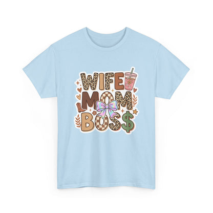 Wife Mom Boss Leopard Graphic Tee – Cute Mom Life Shirt with Bow & Coffee Printify