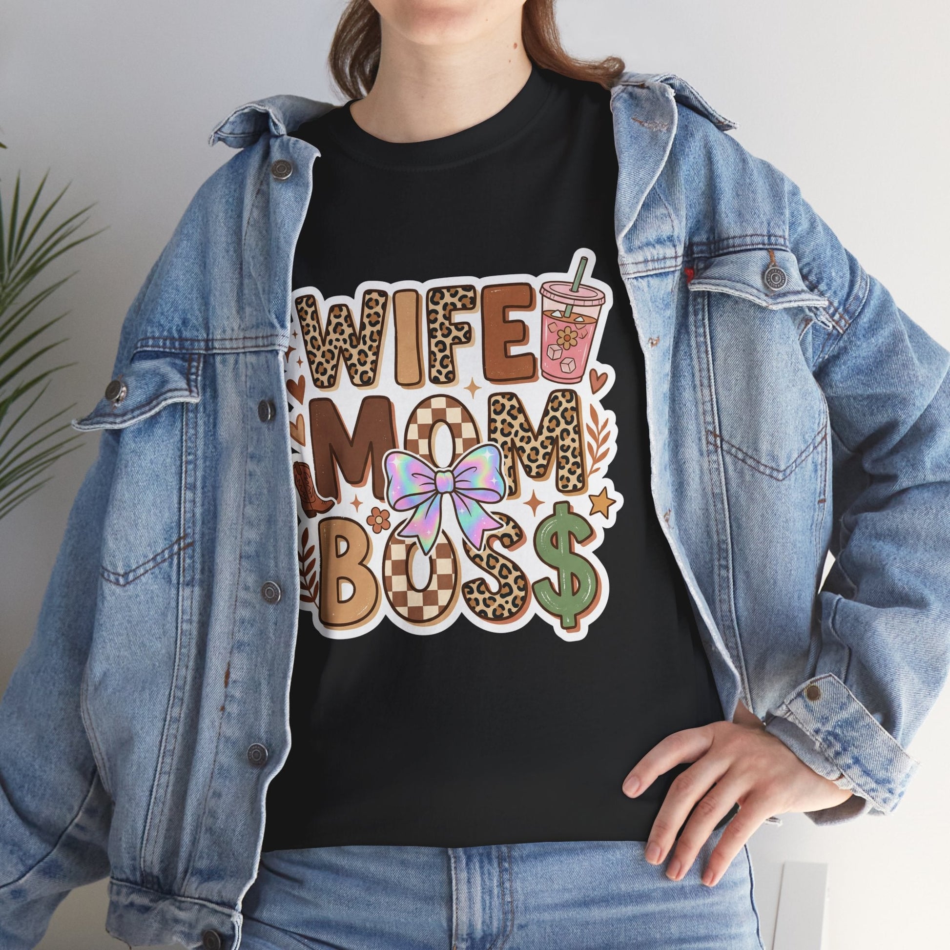 Wife Mom Boss Leopard Graphic Tee – Cute Mom Life Shirt with Bow & Coffee Printify