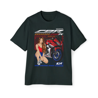 Men's Heavy Oversized Tee - Stop Waiting Start Winning - Honda Motorcycle Graphic T-shirt - CreativeRino