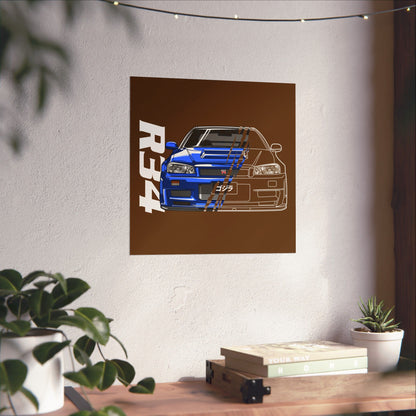 R34 Skyline Matte Square Poster - Car Enthusiast Wall Art, Automotive Decor, Gift for Gearheads - CreativeRino