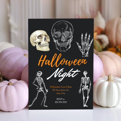 Adult Skull Halloween Night Invitation Template | Skeleton Invite - CreativeRino