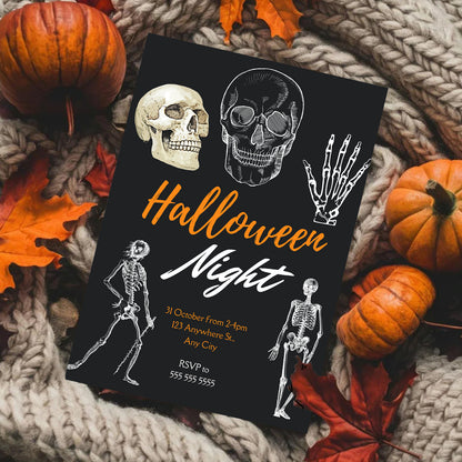 Adult Skull Halloween Night Invitation Template | Skeleton Invite - CreativeRino