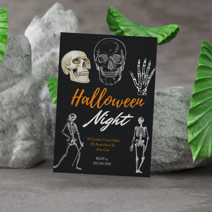 Adult Skull Halloween Night Invitation Template | Skeleton Invite - CreativeRino