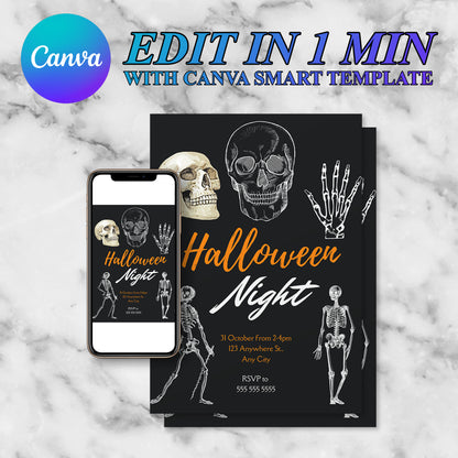 Adult Skull Halloween Night Invitation Template | Skeleton Invite - CreativeRino