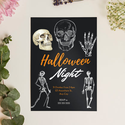 Adult Skull Halloween Night Invitation Template | Skeleton Invite - CreativeRino
