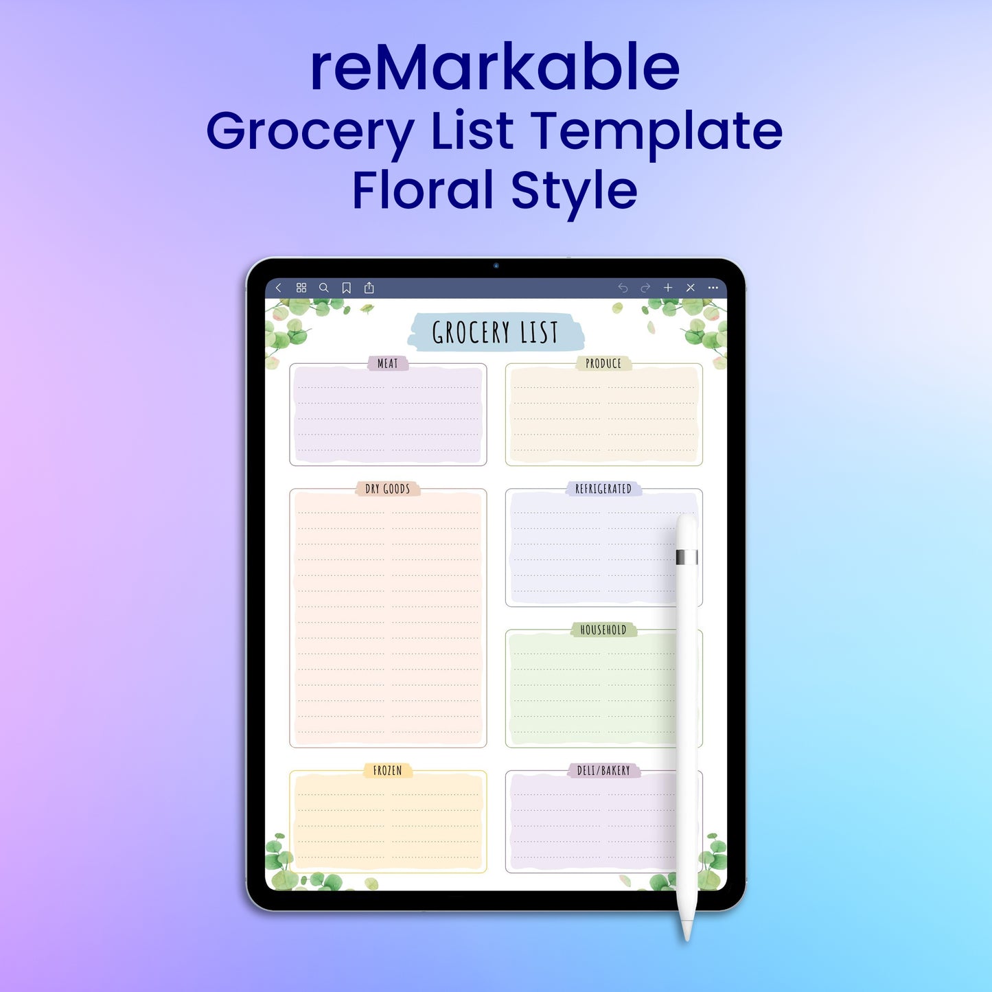 reMarkable 2 Grocery List Template - Floral Style Planner Template