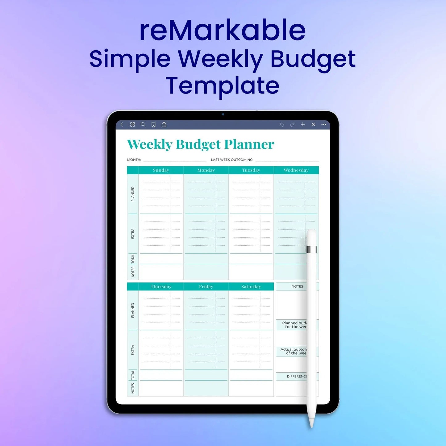 reMarkable 2 Simple Weekly Budget Template Planner Template My Store