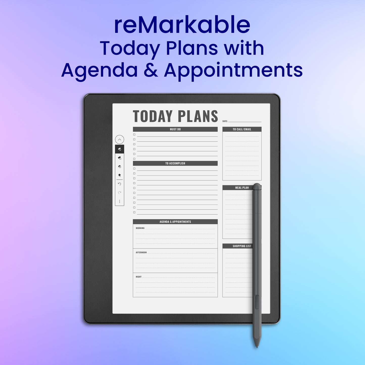 reMarkable 2 Today Plans with Agenda & Appointments Planner Template