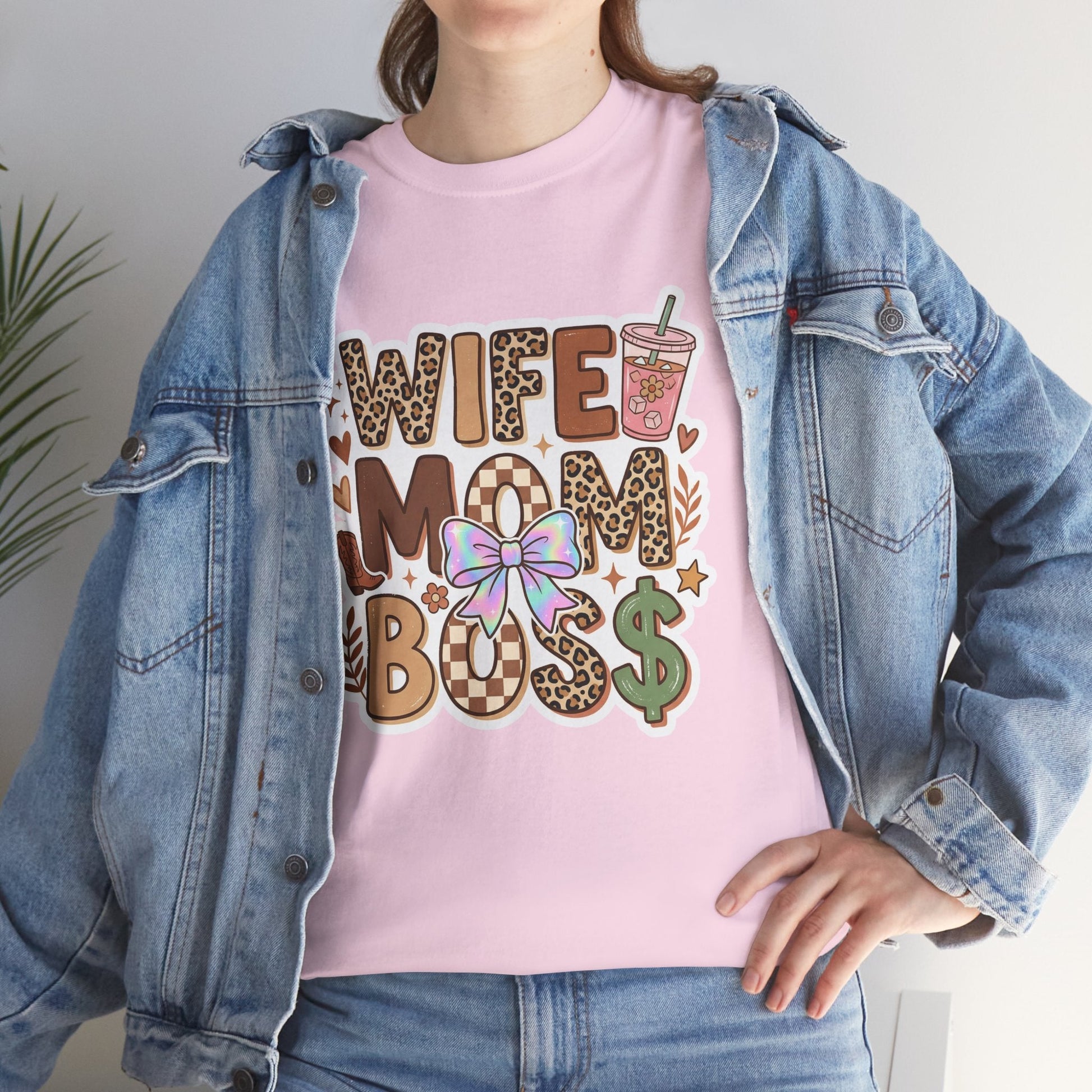 Wife Mom Boss Leopard Graphic Tee – Cute Mom Life Shirt with Bow & Coffee Printify