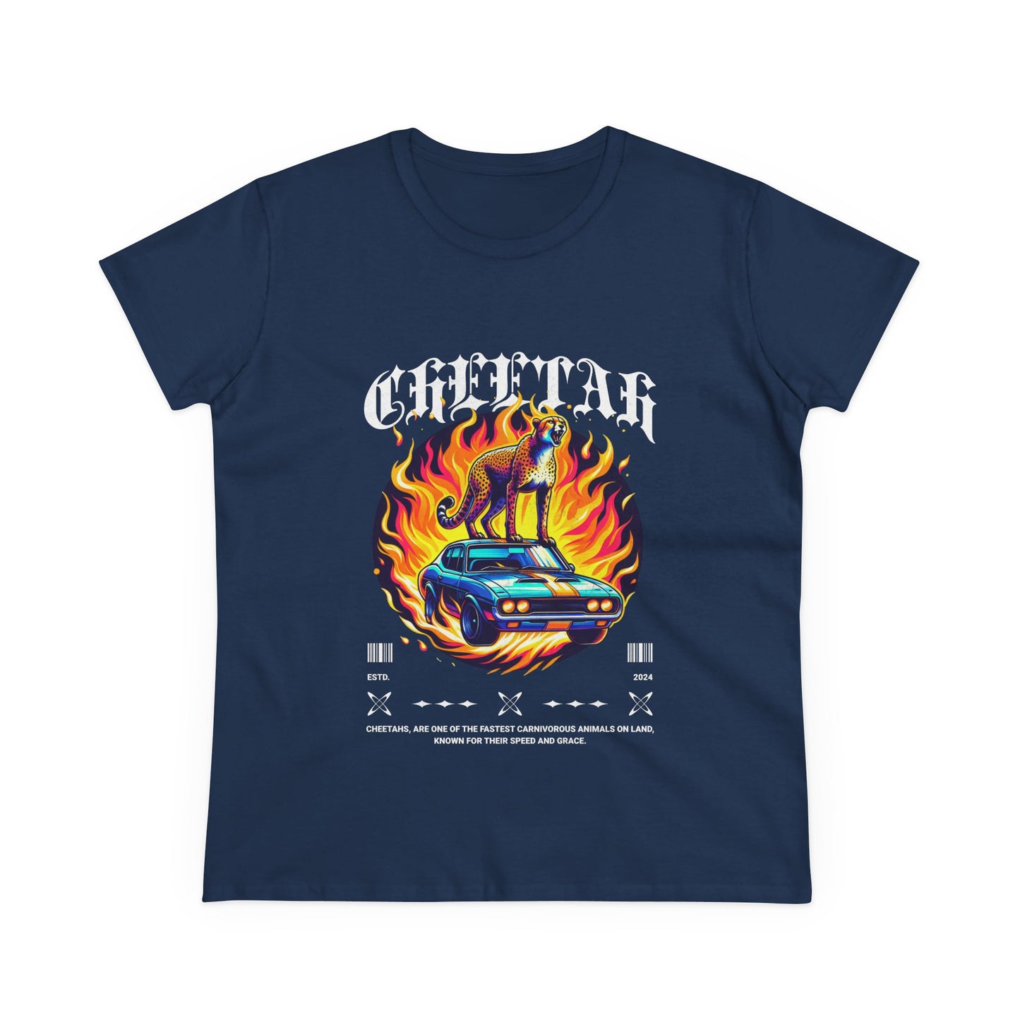 Cool Car and Cheetah Graphic Women's Tee Midweight Cotton T-shirt - CreativeRino