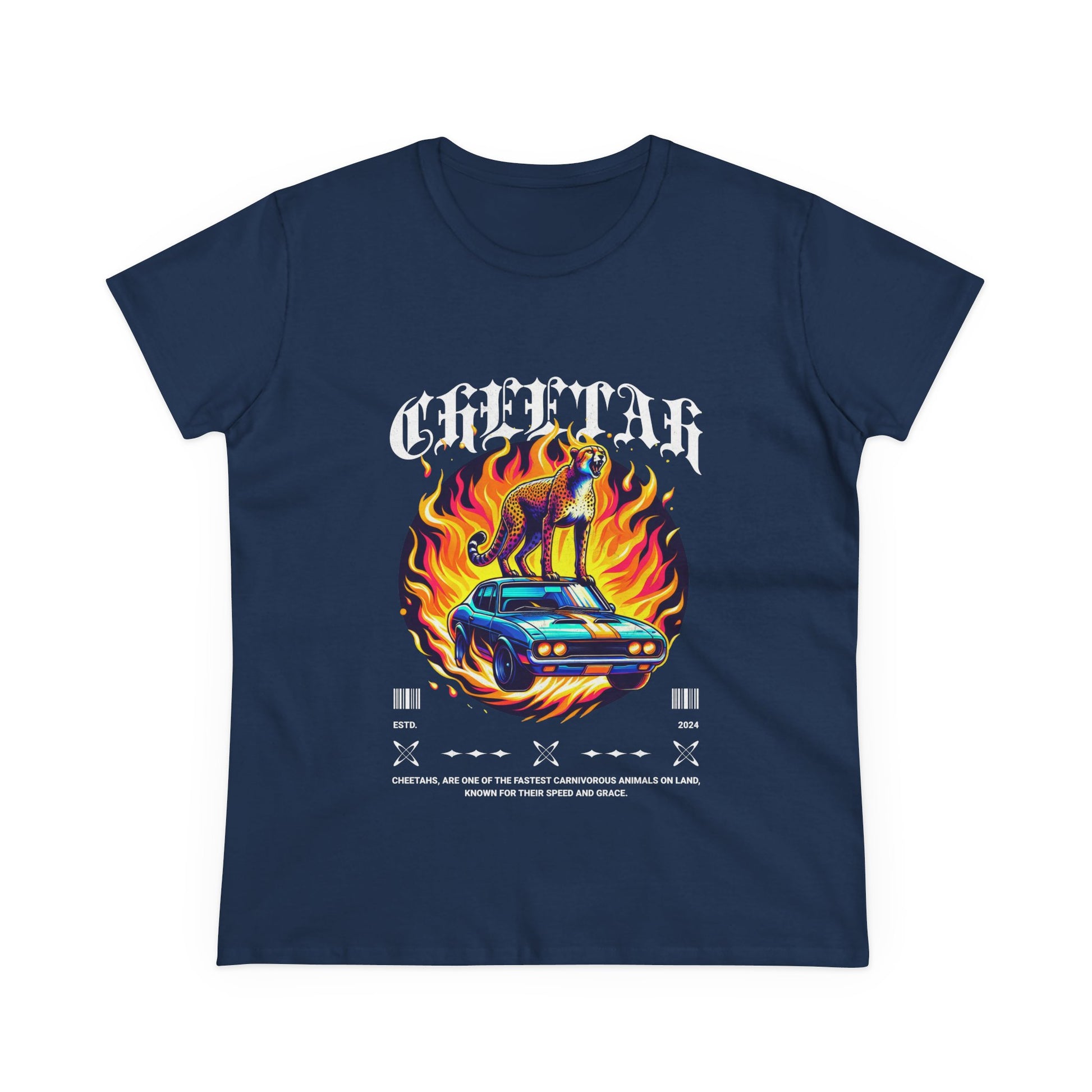 Cool Car and Cheetah Graphic Women's Tee Midweight Cotton T-shirt - CreativeRino