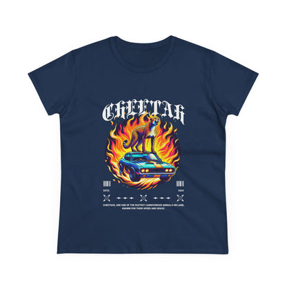 Cool Car and Cheetah Graphic Women's Tee Midweight Cotton T-shirt - CreativeRino
