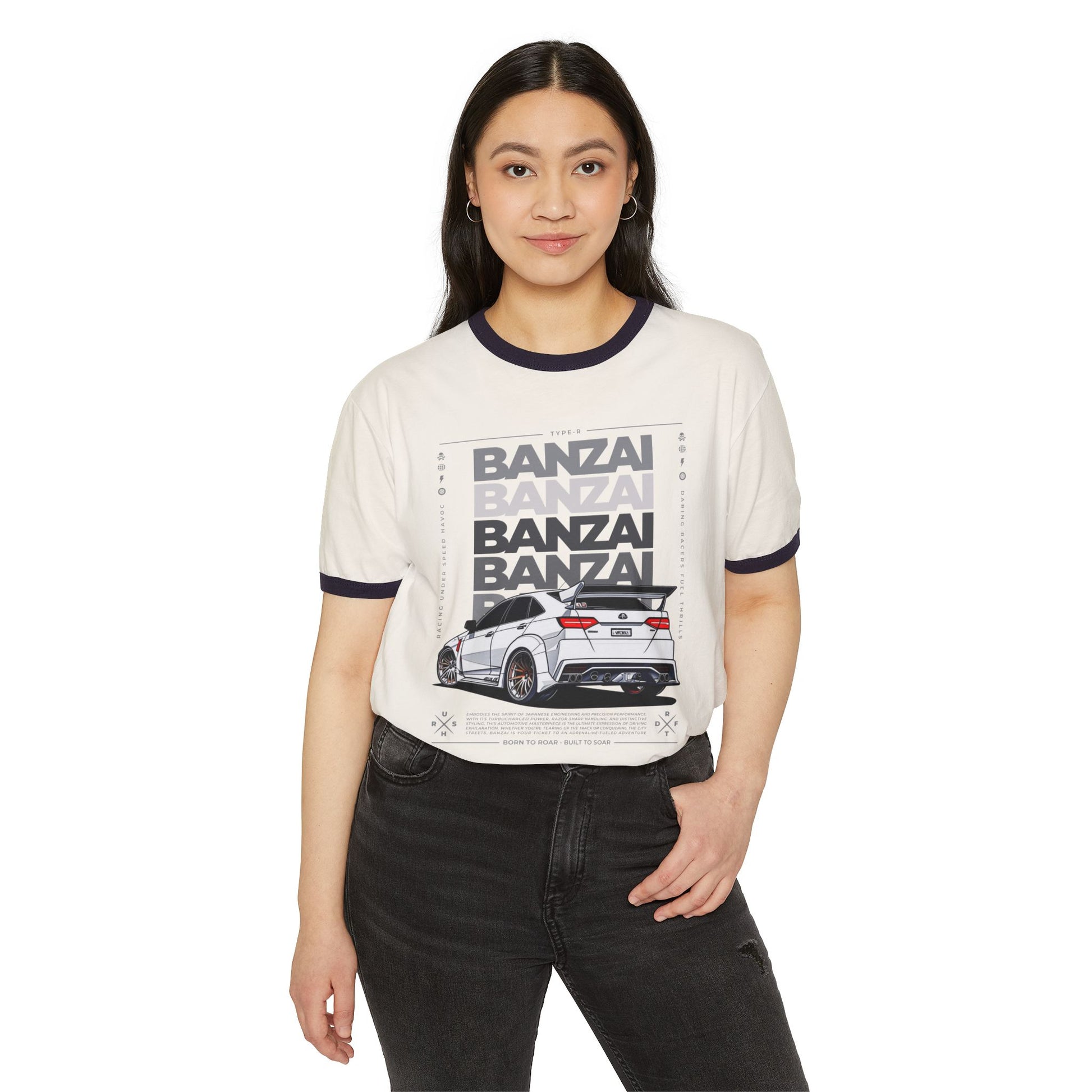 Banzai Racing Unisex Cotton Ringer T-Shirt - Car Enthusiast Apparel - CreativeRino