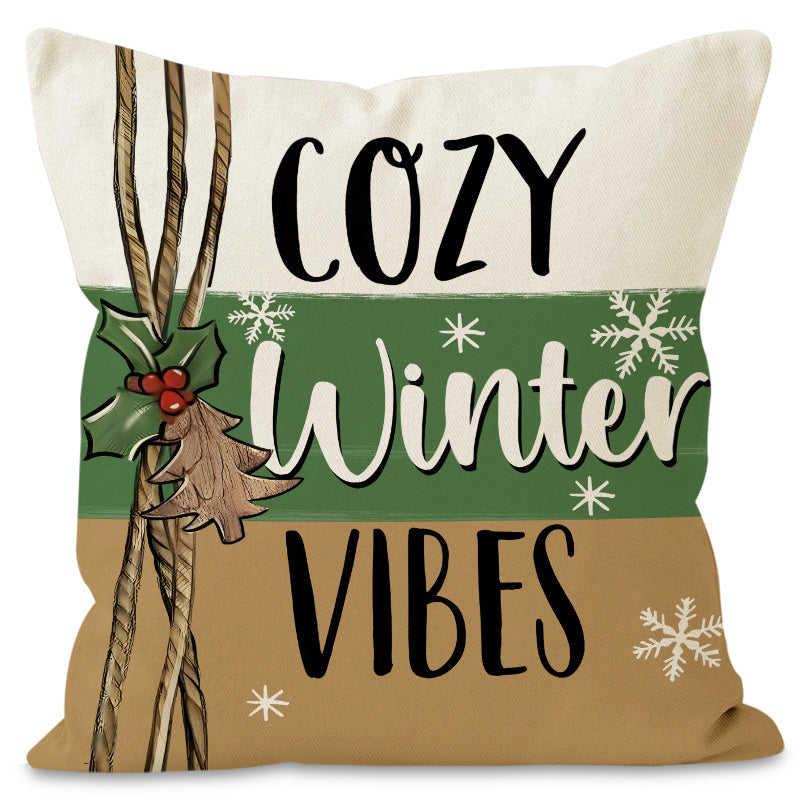 Green Christmas Tree & Snowflake Linen Pillow Cover | Festive Letter Printed Cushion Case for Holiday Decor eprolo