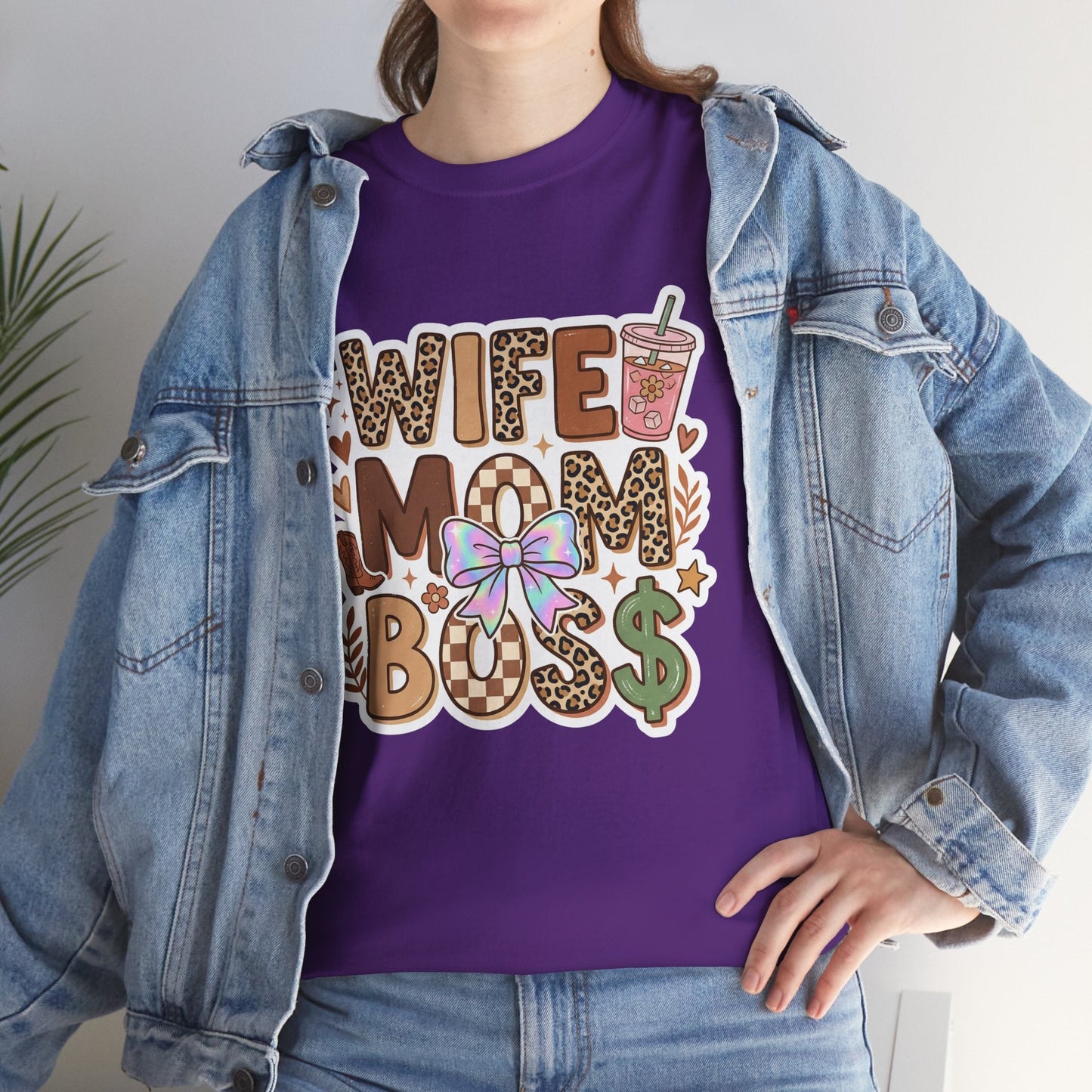 Wife Mom Boss Leopard Graphic Tee – Cute Mom Life Shirt with Bow & Coffee Printify