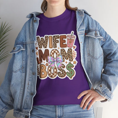 Wife Mom Boss Leopard Graphic Tee – Cute Mom Life Shirt with Bow & Coffee Printify