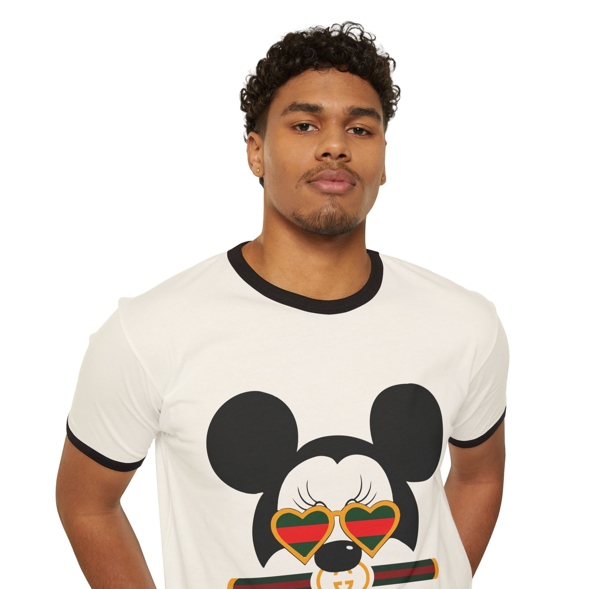 Trendy Unisex Cotton Ringer T-shirt with Cool Mickey Gucci Design - CreativeRino