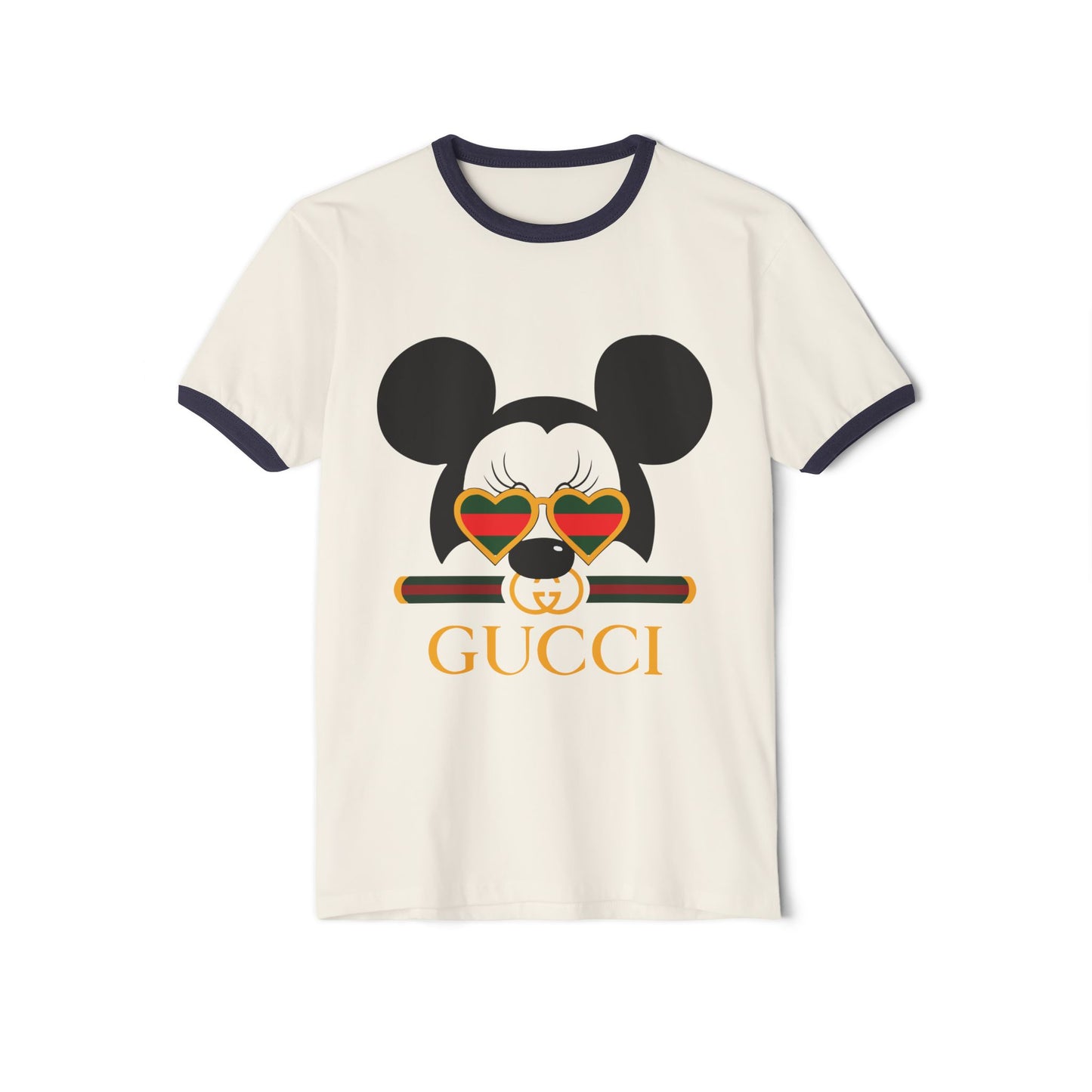 Trendy Unisex Cotton Ringer T-shirt with Cool Mickey Gucci Design - CreativeRino