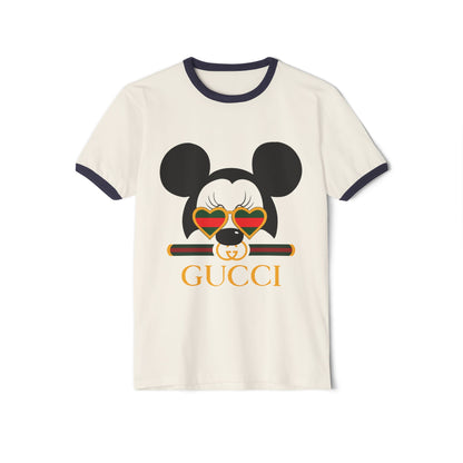 Trendy Unisex Cotton Ringer T-shirt with Cool Mickey Gucci Design - CreativeRino