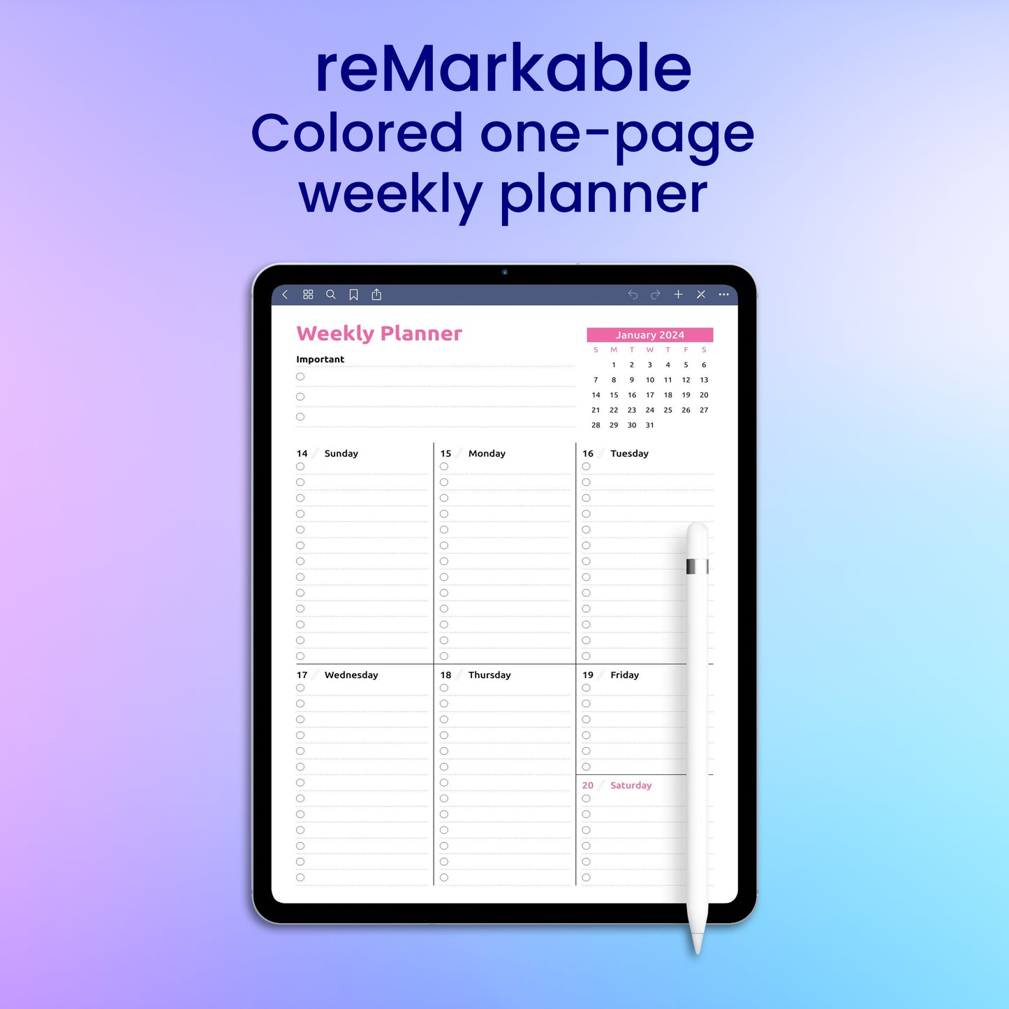 reMarkable 2 Colored One-page Weekly Planner Template