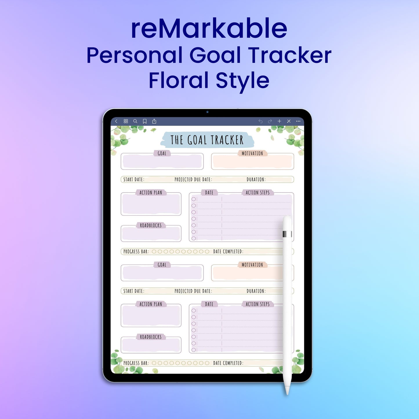 reMarkable 2 Personal Goal Tracker - Casual Style Planner Template