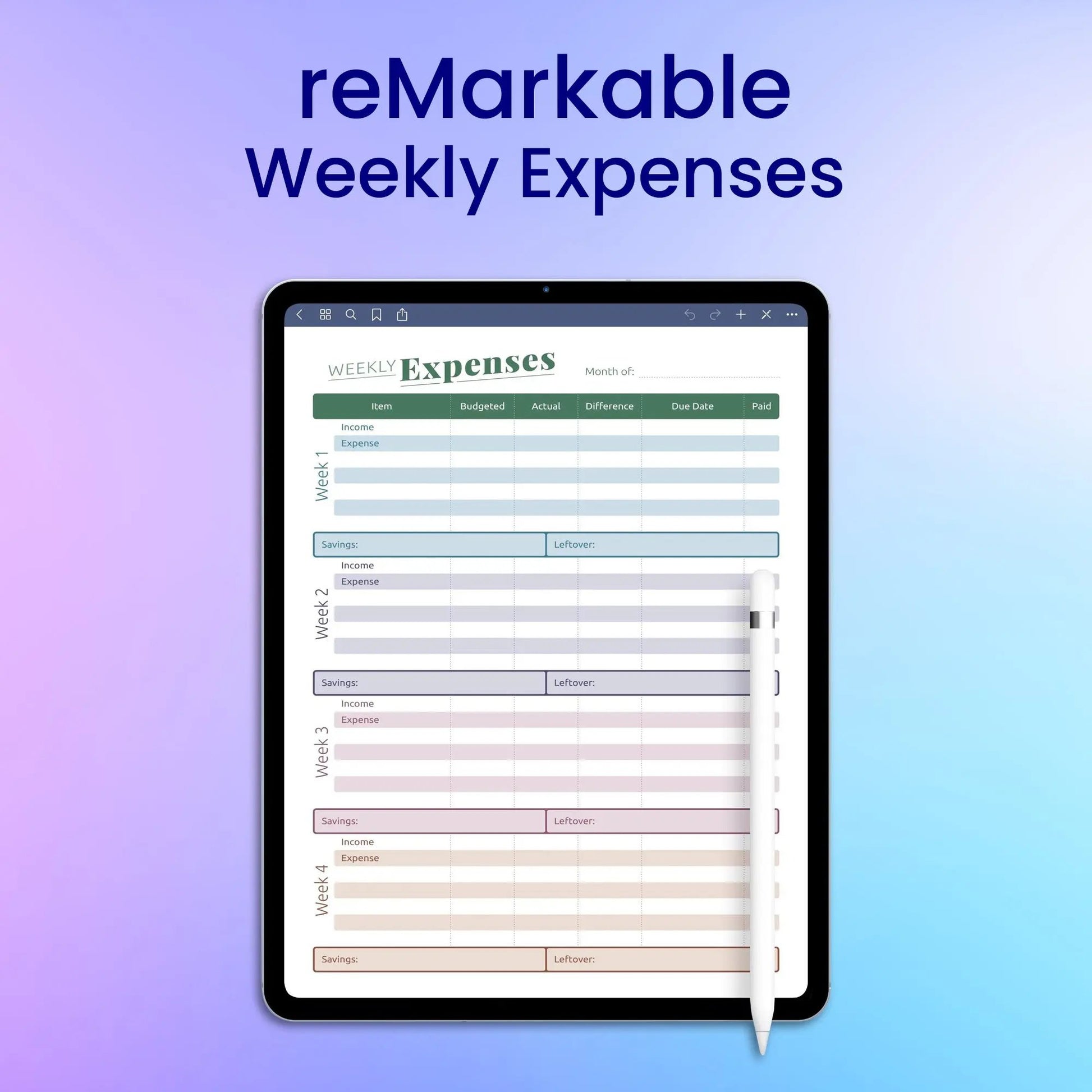reMarkable 2 Weekly Expenses Planner Template My Store