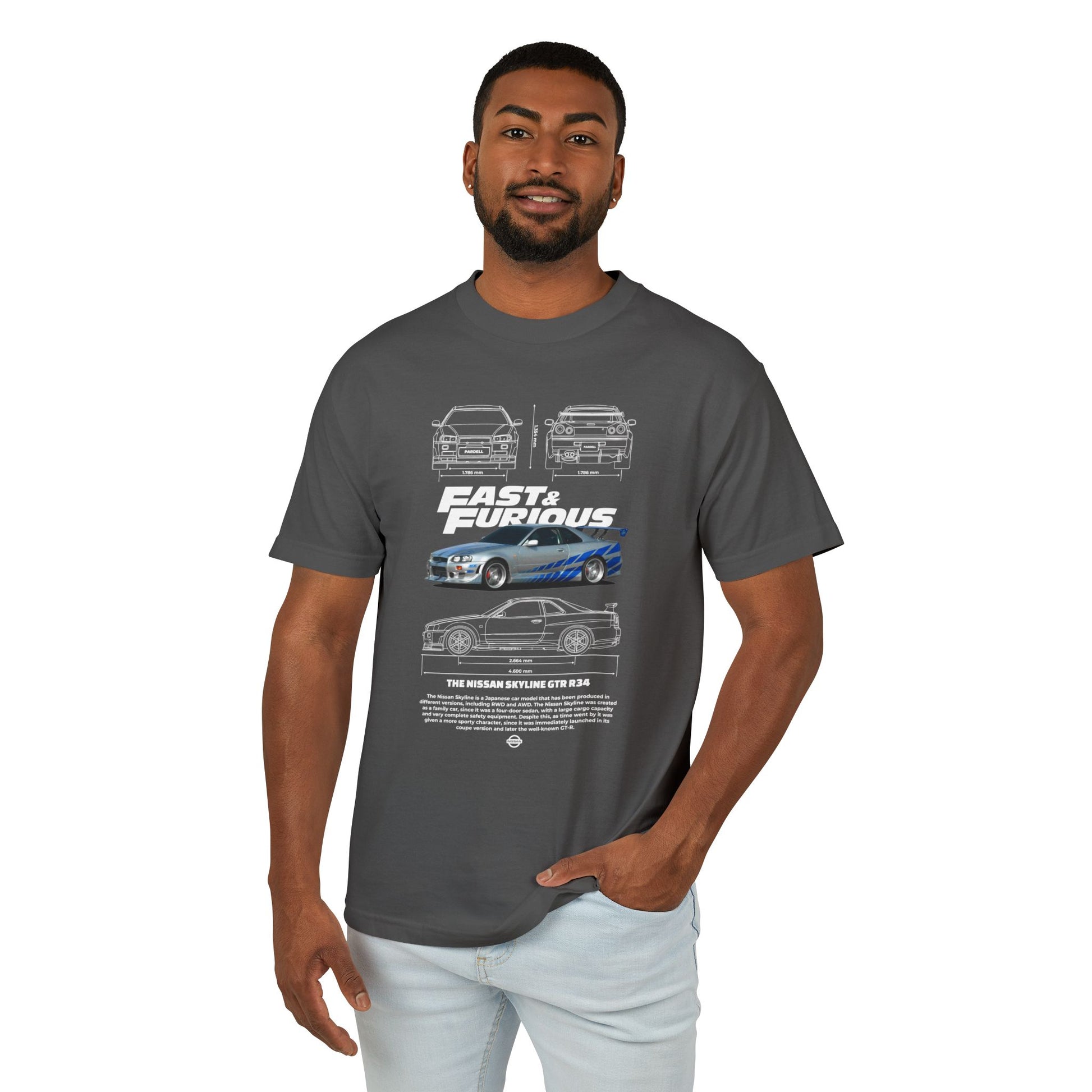 Fast & Furious Heavyweight Cotton Tee - Nissan Skyline GT-R 34 Graphic T-Shirt for Car Enthusiasts - CreativeRino
