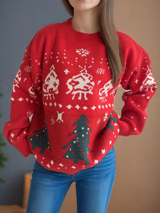 Classic Christmas Tree Knit Sweater | Women's Round Neck Long Sleeve Holiday Pullover eprolo