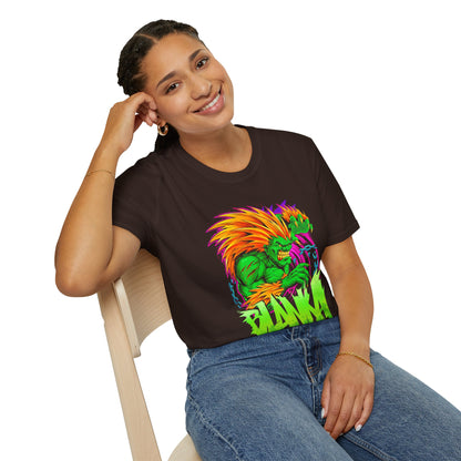 Retro Blanka Graphic Unisex Softstyle T-Shirt - Perfect for Gamers & Comic Fans - CreativeRino