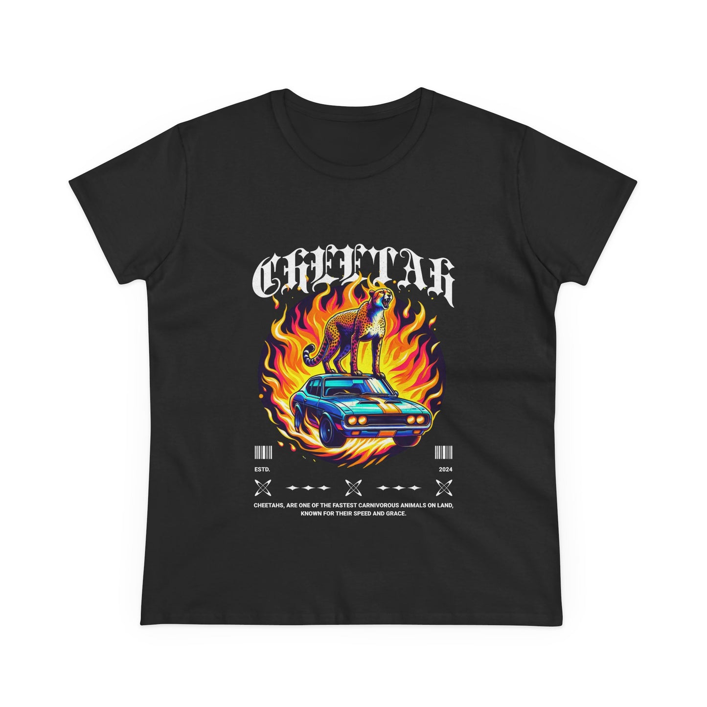 Cool Car and Cheetah Graphic Women's Tee Midweight Cotton T-shirt - CreativeRino