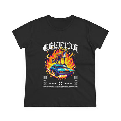 Cool Car and Cheetah Graphic Women's Tee Midweight Cotton T-shirt - CreativeRino