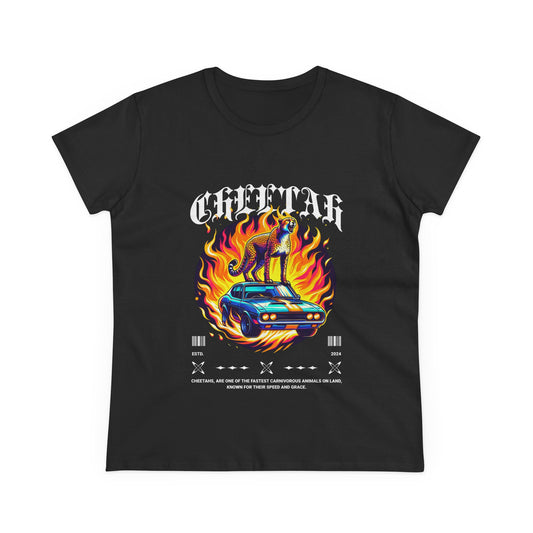 Cool Car and Cheetah Graphic Women's Tee Midweight Cotton T-shirt - CreativeRino