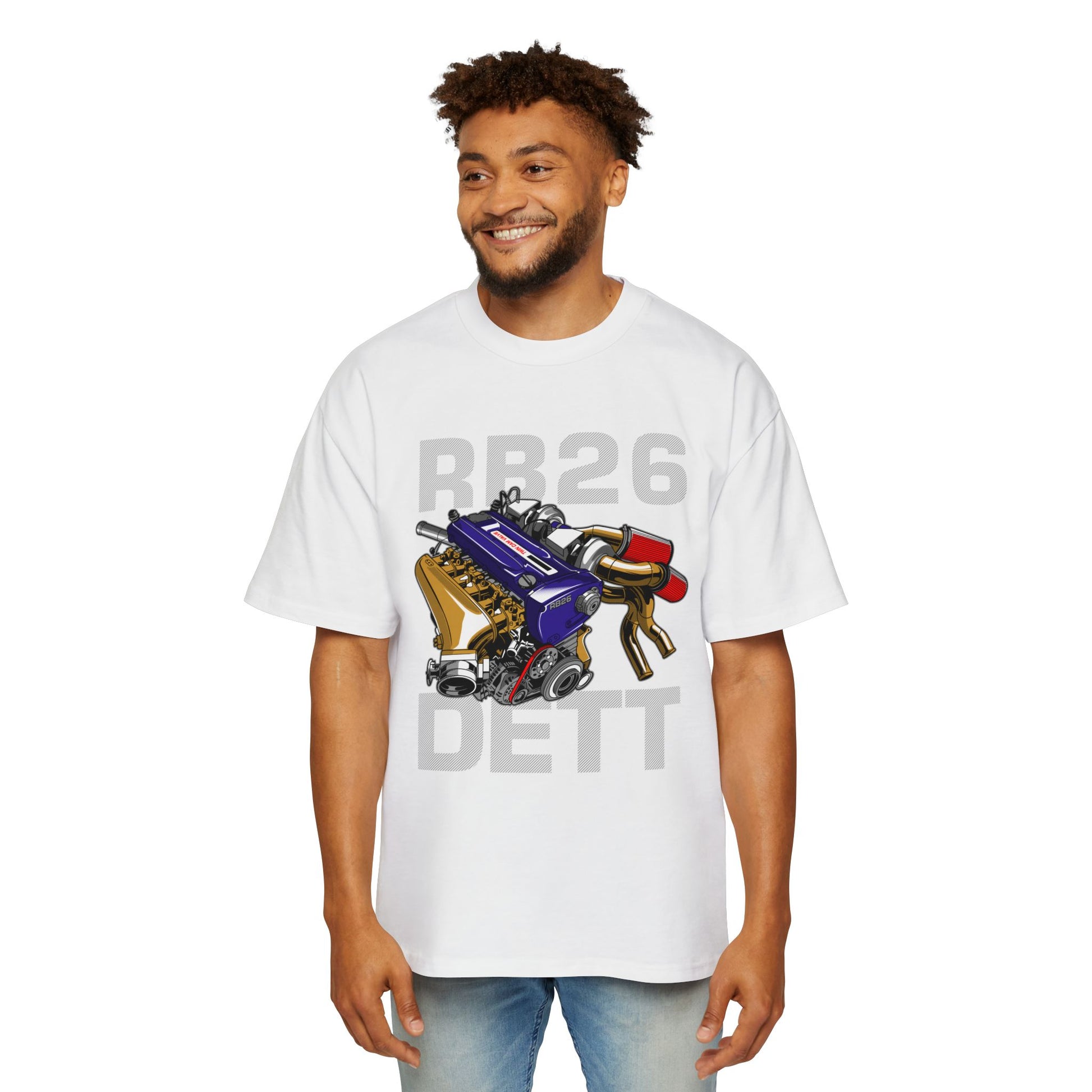 Men's Heavy Oversized Tee - RB26 DETT Engine Graphic T-Shirt for Car Enthusiasts - CreativeRino