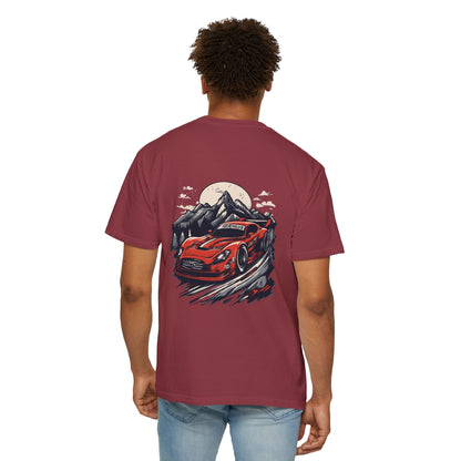 Adventure Awaits Unisex Garment-Dyed T-shirt - Red Sports Car Design - CreativeRino