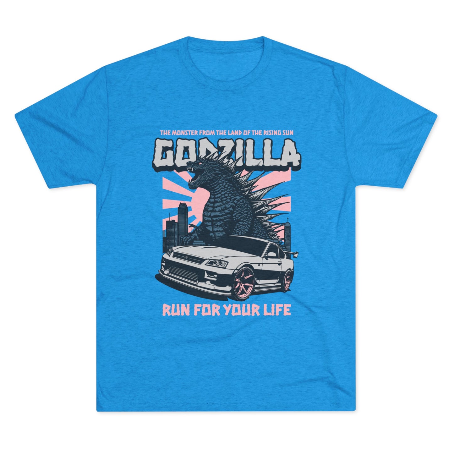 Godzilla Monster Unisex Tri-Blend Crew Tee - Run for Your Life Car T-shirt - CreativeRino