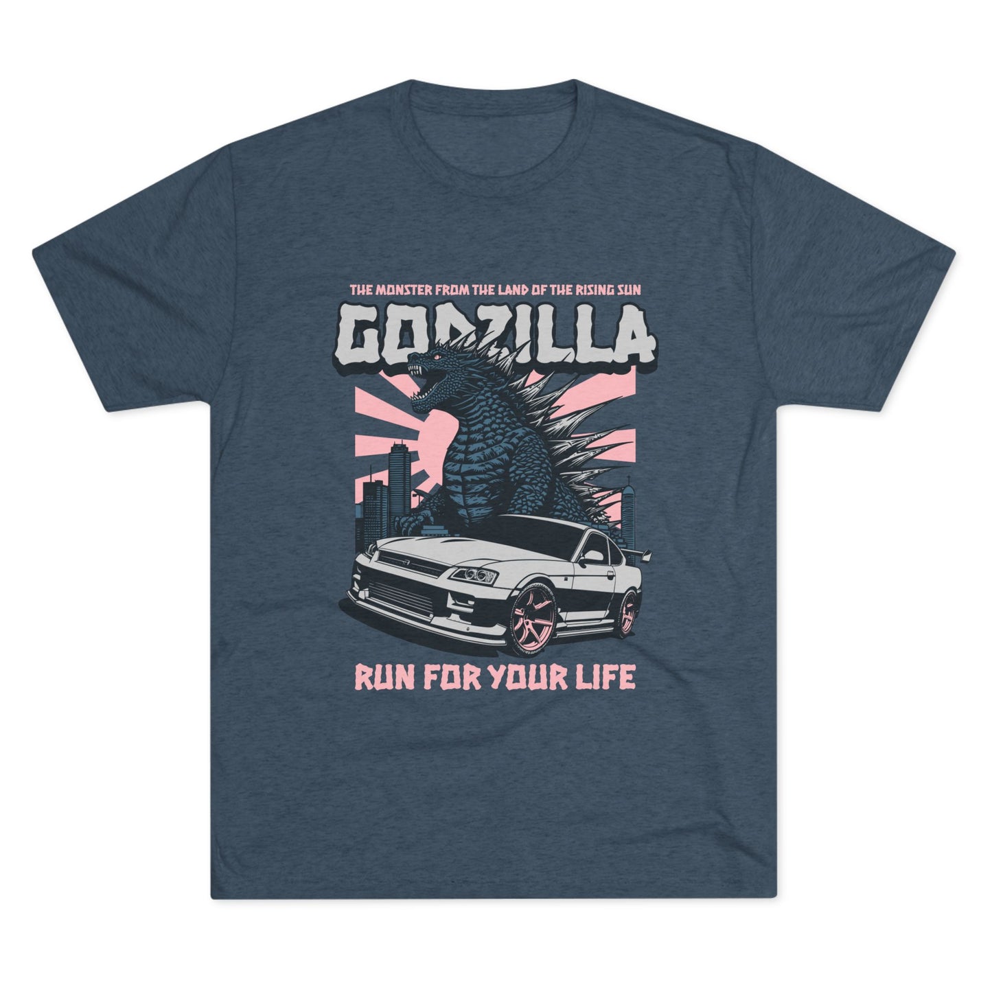 Godzilla Monster Unisex Tri-Blend Crew Tee - Run for Your Life Car T-shirt - CreativeRino