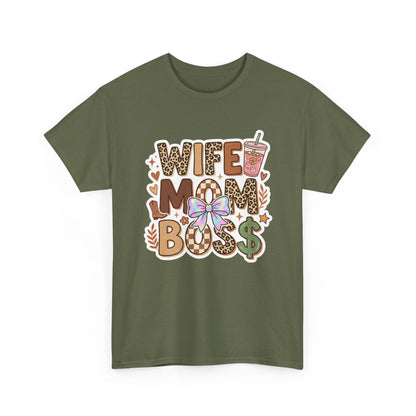 Wife Mom Boss Leopard Graphic Tee – Cute Mom Life Shirt with Bow & Coffee Printify
