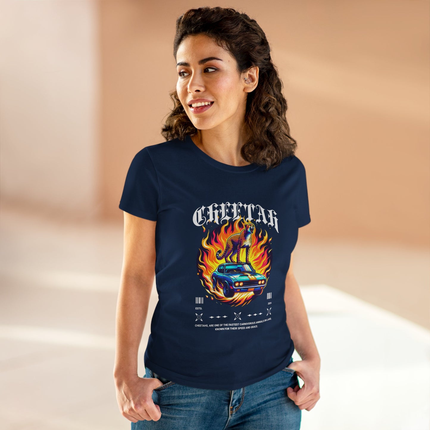 Cool Car and Cheetah Graphic Women's Tee Midweight Cotton T-shirt - CreativeRino